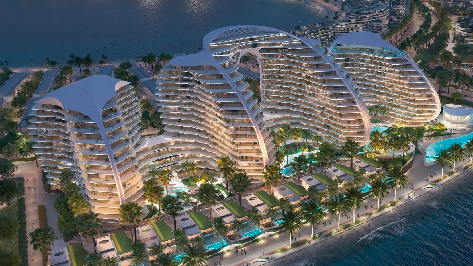 Rendering of Oystra on Al Marjan Island, seen from the air at dusk