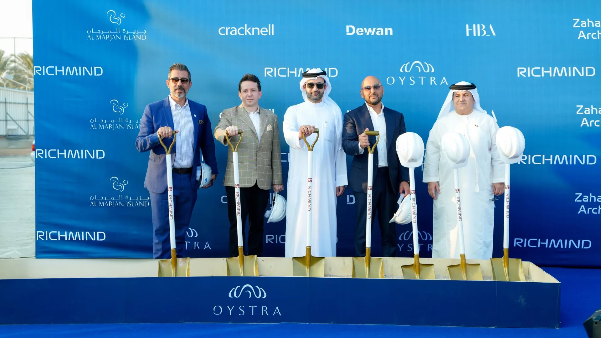 Oystra Al Marjan Island groundbreaking: Richmind, Marjan and design partners holding ceremonial shovels