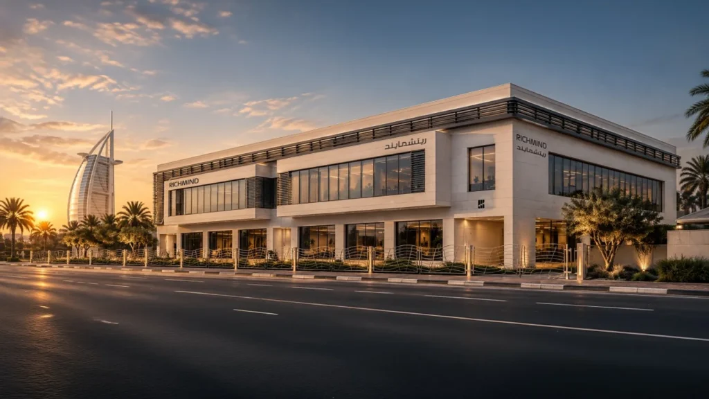 Richmind's Experience Centre building in Jumeirah 3 at sunset, with the Burj Al Arab in the background