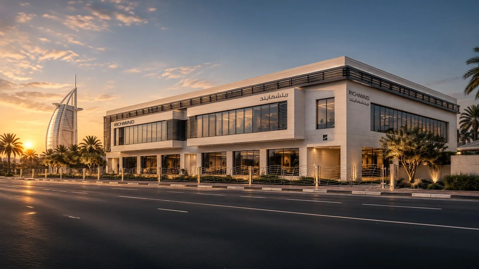 Richmind's Experience Centre building in Jumeirah 3 at sunset, with the Burj Al Arab in the background