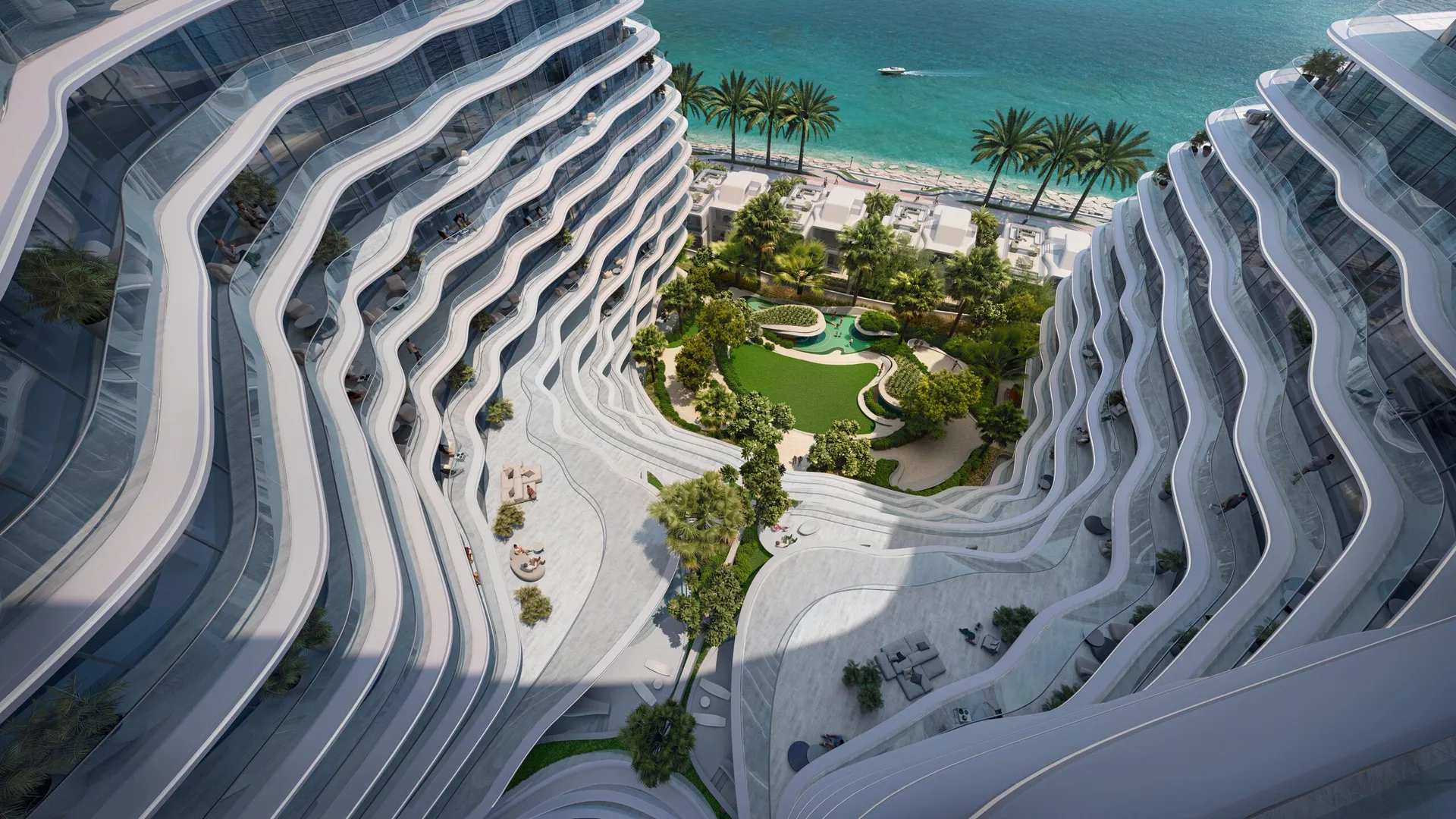 Oystra Phase 2 on Al Marjan Island: aerial view of the wave-shaped towers, gardens and beach