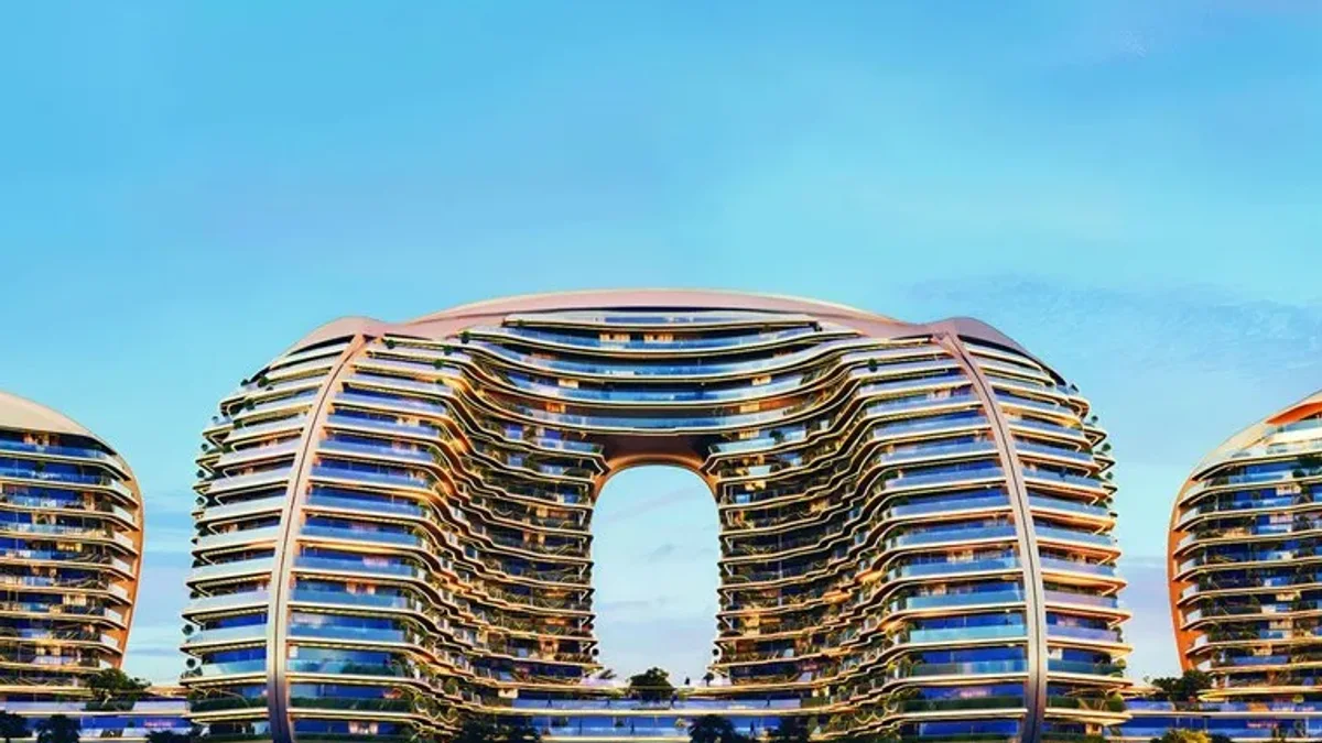Oystra's curved towers lit at dusk on the Al Marjan Island waterfront in Ras Al Khaimah